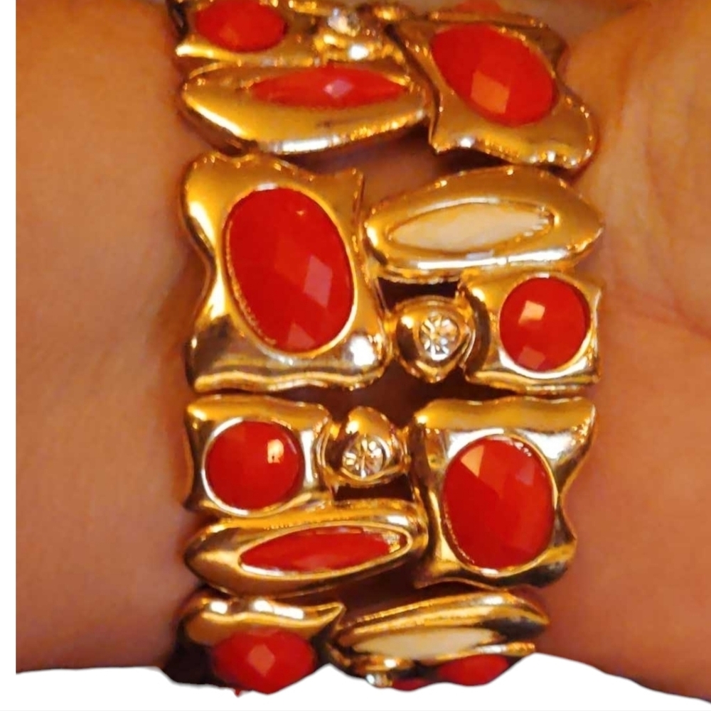 Big CHUNKY WRIST CUFF 2" Golden - Rhinestones Red Orange White Stones Bracelet